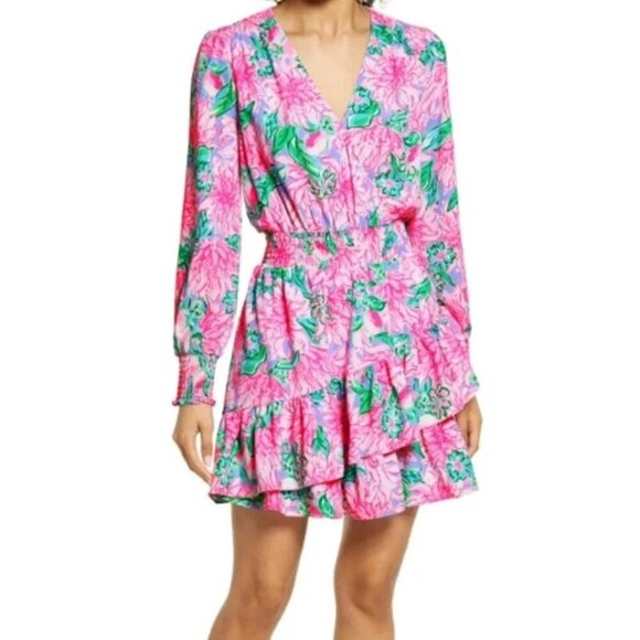 Lilly Pulitzer Cristiana Stretch Mini Dress Long Slv Floral Pink blossom size 8 - Picture 1 of 14